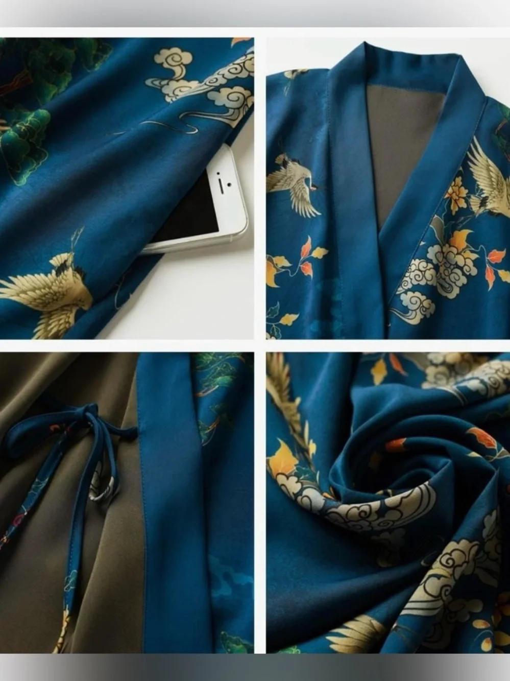 Ledamon Asian Inspired Crane Floral Foliage‎ Print Kimono Robe OS Women’s Belted